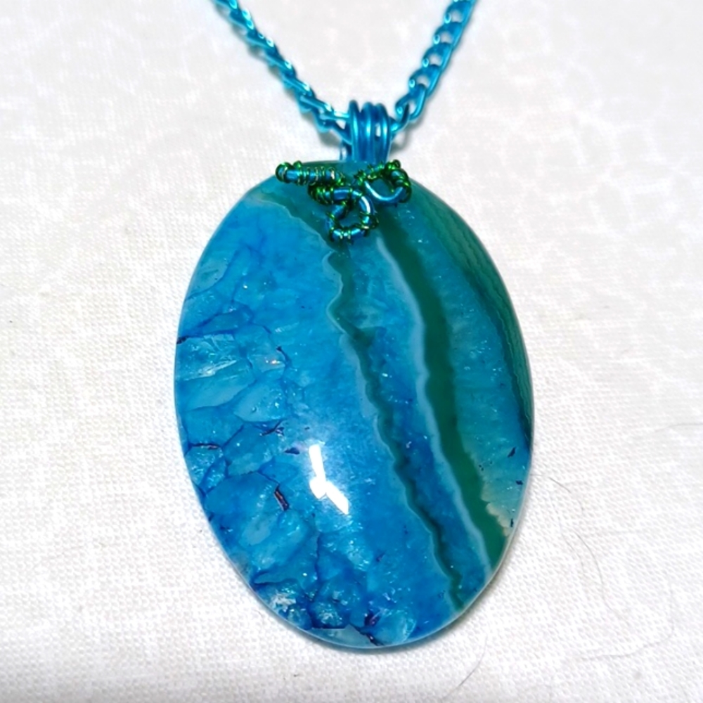 Blue green druzy agate handmade pendant necklace stripes waves wired
